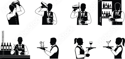 Bartender and waiter silhouettes mixing drinks with a shaker and pouring beverages. Staff preparing drinks, serving guests with trays, and organizing bar stock. 