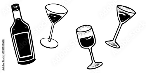 Collection of Four Wine Bottles and Glasses for Urban Branding.