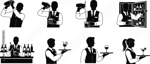 Bartender and waiter silhouettes mixing drinks with a shaker and pouring beverages. Staff preparing drinks, serving guests with trays, and organizing bar stock. 