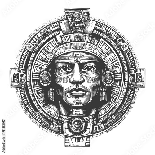 Aztec Deity Face Within Intricate Circular Design