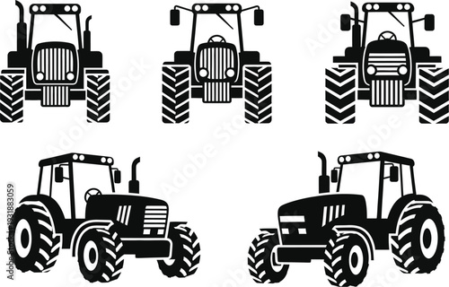 Agricultural machinery farming tractors in various views. 