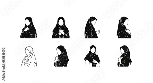 Minimal Muslim woman silhouette logo set featuring elegant branding variations including side profile hijab pose, front view modest design, circular emblem badge, and crescent combination concept.
