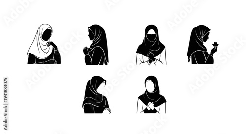 Minimal Muslim woman silhouette logo set featuring elegant branding variations including side profile hijab pose, front view modest design, circular emblem badge, and crescent combination concept.