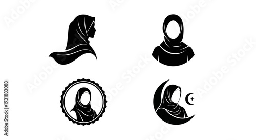 Minimal Muslim woman silhouette logo set featuring elegant branding variations including side profile hijab pose, front view modest design, circular emblem badge, and crescent combination concept.
