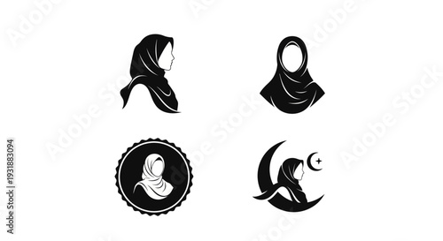 Minimal Muslim woman silhouette logo set featuring elegant branding variations including side profile hijab pose, front view modest design, circular emblem badge, and crescent combination concept.