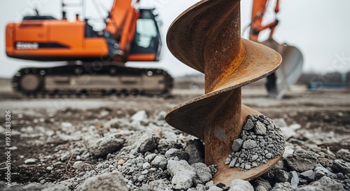 A construction site with a large drill bit in focus, and an excavator out of focus in the background