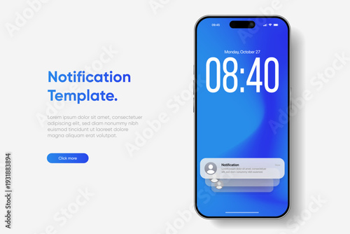 Smartphone notification center template, displaying alerts and new message on screen