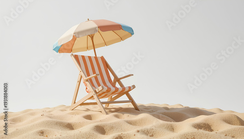 Wooden Beach Chair and Colorful Umbrella on Sand – Minimal 3D Summer Scene