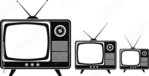 Black and white of three vintage televisions with antennas TV set old TV
