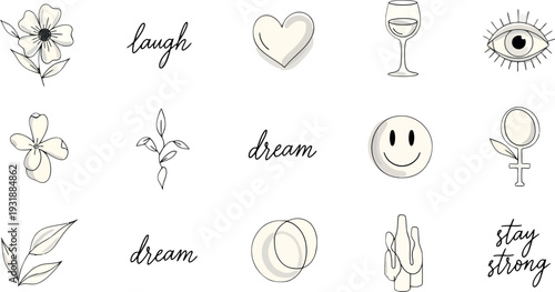 A collection of 12 unique tattoo style illustrations and handwritten words