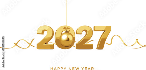 Luxury Happy New Year 2027 background featuring 3D golden numbers with festive ornaments and ribbons on white background.