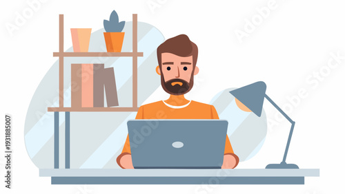 Bearded man working on laptop at desk with bookshelf