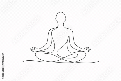 Minimalist Continuous Line Art of Person Meditating in Lotus Pose: Serene Yoga & Mindfulness Illustration for Inner Peace, Wellness, and Stress Relief Vector Graphic