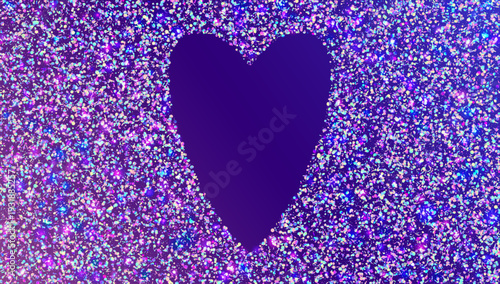 Glitter Sequins In Heart Shape. Purple Shiny Sparkles For Carnaval And Party. Blue Valentine And Wedding Background. Iridescent Brilliant Light.  Holographic Glitter Sequins For Love Concept