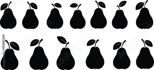 Black silhouettes of pears with leaves on white background black pears fruit