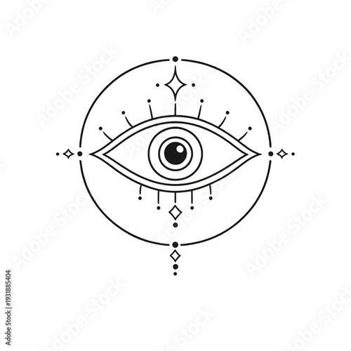 Mystical All-Seeing Eye Line Art Vector: Esoteric Magic Symbol for Spiritual Protection, Inner Wisdom, and Cosmic Intuition. Elegant Occult Tattoo Design & Celestial Amulet Illustration.