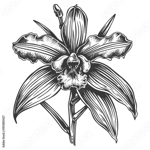 Black and White Line Art Illustration of an Orchid Flower