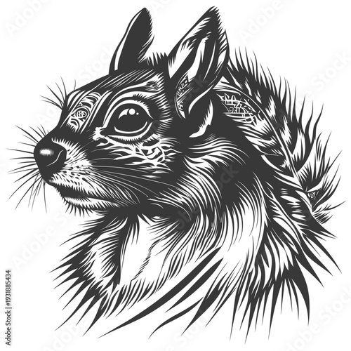 Black and White Line Art Illustration of a Squirrel's Head