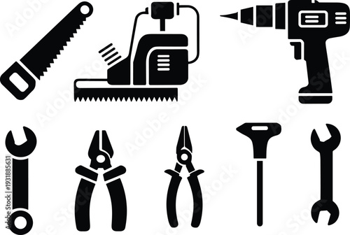 Construction Tools Silhouette Icon Set Including Drill Saw Wrench Pliers and Chainsaw Vector Collection Isolated on White Background