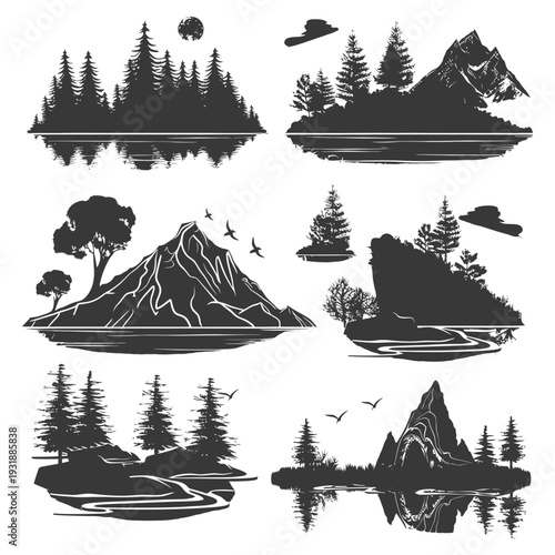 Black and White Silhouettes of Mountains, Forests, and Reflections