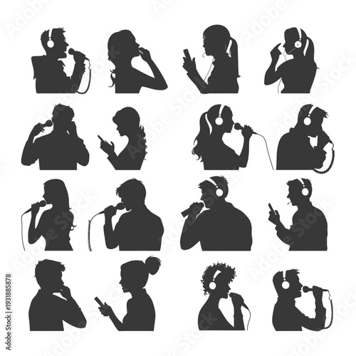 Black and White Silhouettes of People Singing and Talking into Microphones