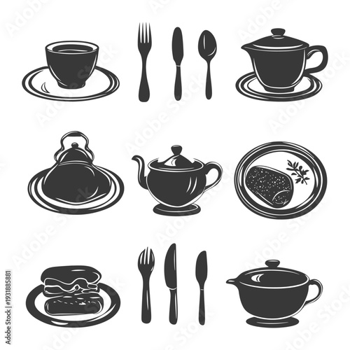 Black and White Silhouettes of Teacups, Teapots, Plates, Forks, Knives, and Spoons