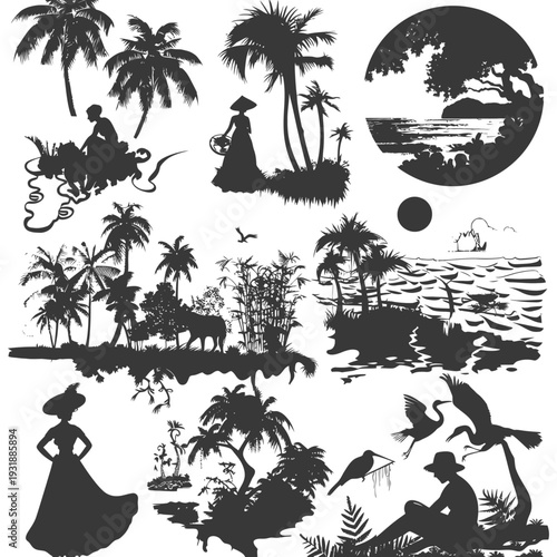 Black and White Silhouettes of Tropical Landscapes, People, and Birds