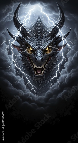 Fierce mythical reptile emerges from dark storm clouds with brilliant electrical discharges