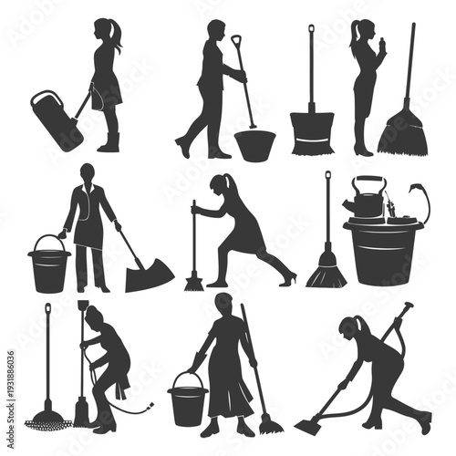 Black and White Silhouettes of Women Cleaning