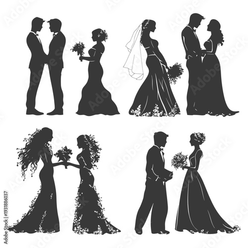 Black and White Silhouettes of Wedding Couples