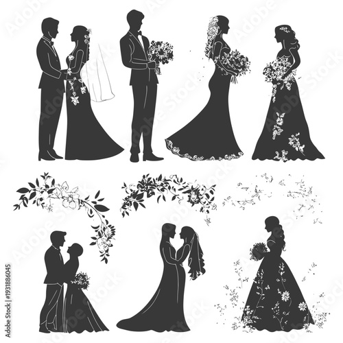 Black and White Silhouettes of Wedding Couples with Floral Decorations