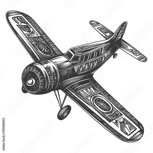 Black and White Sketch of a Vintage Airplane in Flight