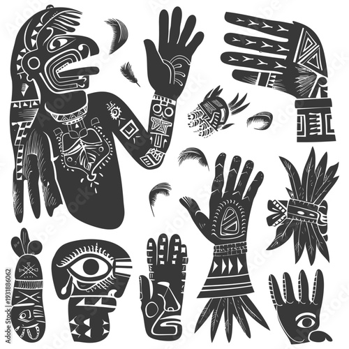 Black and White Stylized Aztec Tribal Design with Feathers and Hands