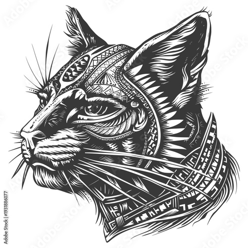 Black and White Stylized Illustration of a Cat's Head with Geometric Patterns