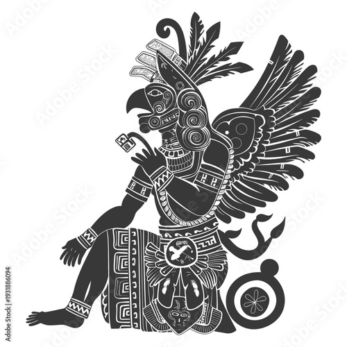 Black and White Stylized Illustration of a Seated Eagle Figure with Feathered Wings