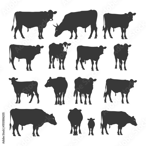 Black Silhouettes of Cattle in Various Poses
