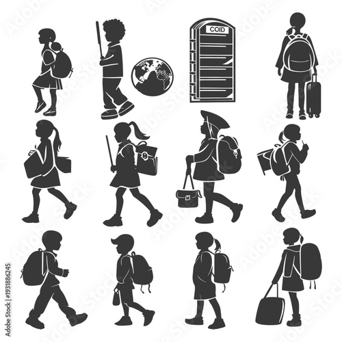 Black Silhouettes of Children with Backpacks and School Supplies