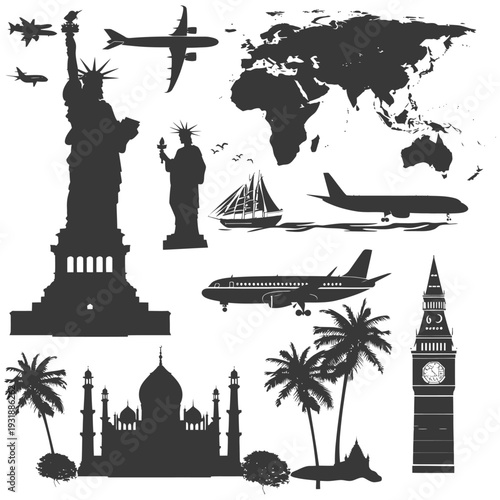 Black Silhouettes of Famous Landmarks and World Map with Airplanes
