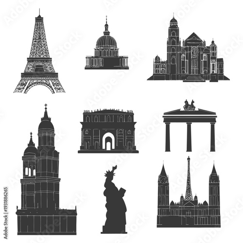Black Silhouettes of Famous Landmarks Around the World