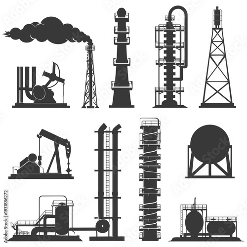 Black Silhouettes of Oil and Gas Industry Structures