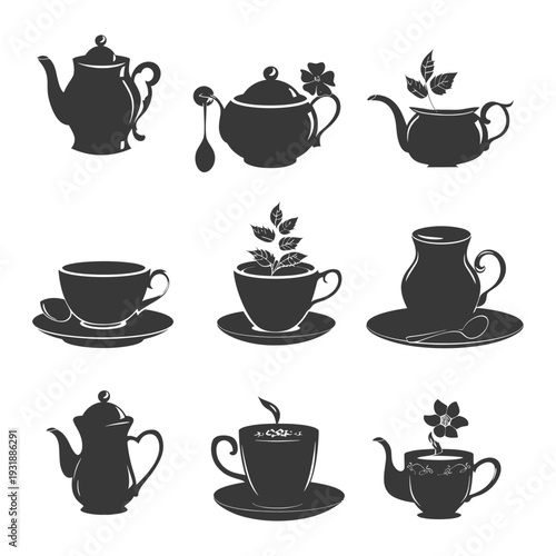 Black Silhouettes of Teapots and Teacups with Floral Details