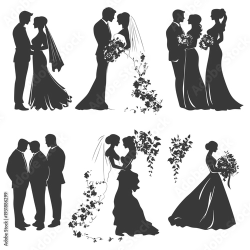 Black Silhouettes of Wedding Couples and Bridesmaids