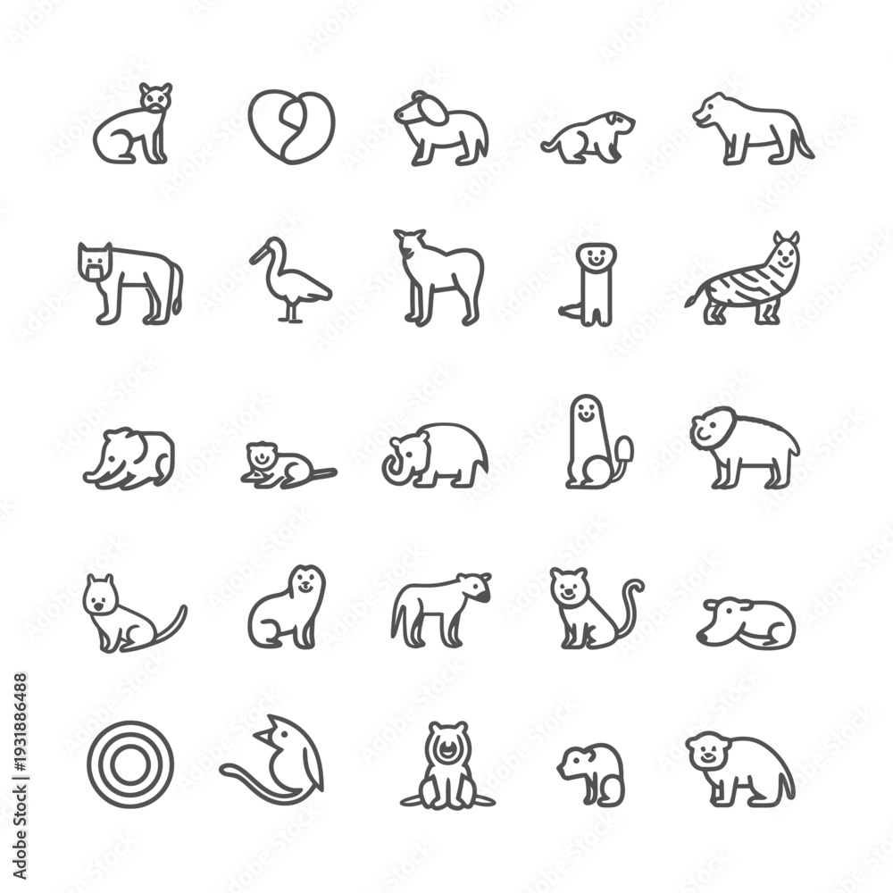 Naklejka premium Collection of 25 Line Icons Depicting Various Animals