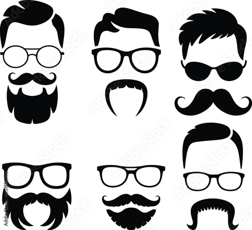 Hipster Beard Mustache Glasses and Men Hairstyle Silhouette Icon Set Vector Collection Isolated on White Background for Barber Branding