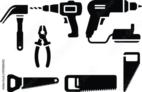 Power and Hand Construction Tools Silhouette Icon Set Including Drill Hammer Saw and Pliers Vector Collection Isolated on White Background