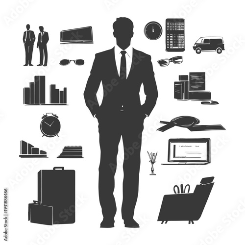 Businessman Silhouette Surrounded by Office Supplies