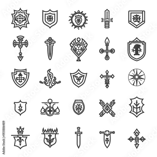 Collection of 25 Heraldic and Medieval Symbols with Swords, Shields, and Crosses