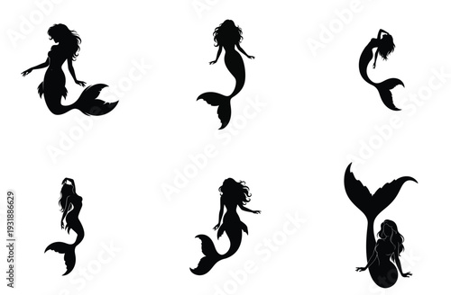 Mermaid Silhouettes Collection Vector Illustration