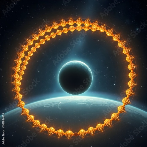 Breathtaking Cosmic Illustration of a Dark Planet Eclipsed by a Glowing Ring of Fiery Stars in Deep Space
