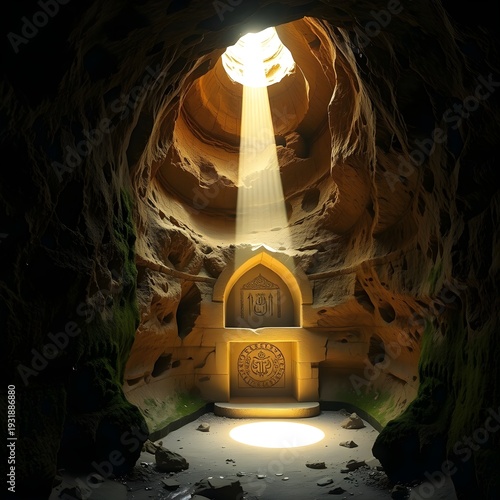 Divine Light Shining Upon a Sacred Islamic Mihrab Inside an Ancient Stone Cave